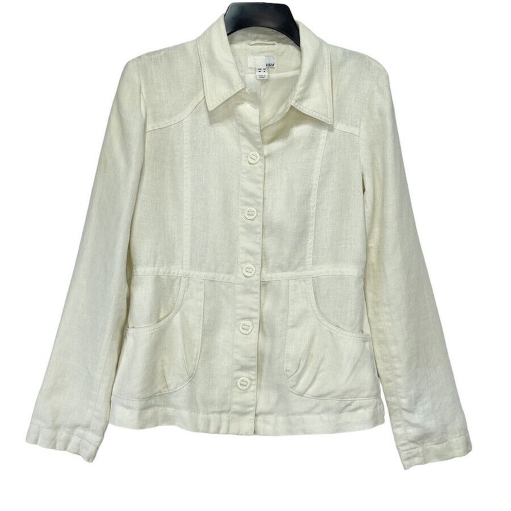 H&M Womens Jacket Blazer Sz 6 Linen Beige Button Front Long Sleeve